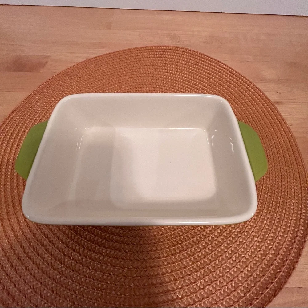 Crate & Barrel Avery Ceramic Baking Dish Green With White Interior & Handles